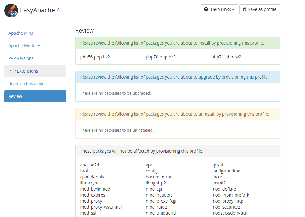Main php module. Apache php. CPANEL EASYAPACHE 4. Env php. Proxy Control Panel.