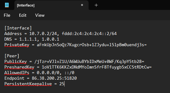 WireGuard configuration in Notepad