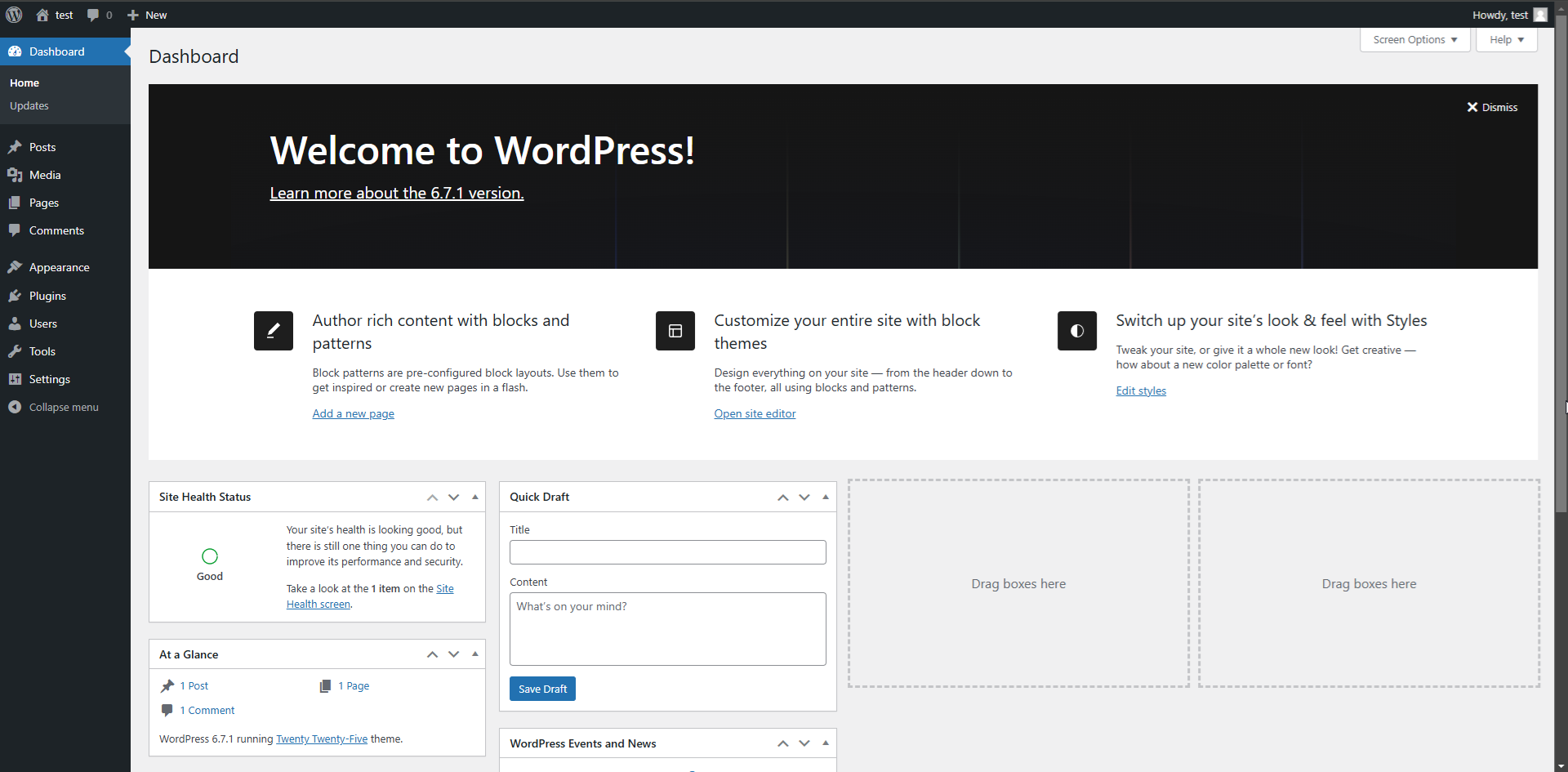 wordpress admin area